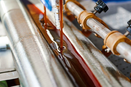 Precision and efficiency converge in a glue-spreading machine at work during productionの写真素材