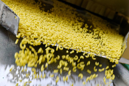 Pasta production in a factory showcasing raw macaroni being processed and packaged for distributionの写真素材