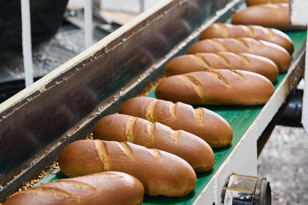 Freshly baked baton white loaves moving along a conveyor belt in a busy bread factory during production hoursの写真素材