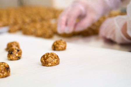 Hand-placed grillage is arranged on a conveyor belt for efficient production and quality control in a food processing facilityの写真素材