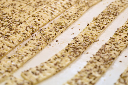 Cracker dough strips with sesame seeds on the conveyor belt in a food processing facilityの写真素材