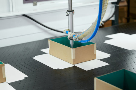 Innovative robot technology gluing cardboard boxes efficiently in a modern manufacturing plantの写真素材