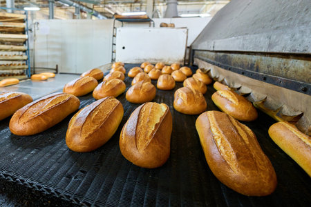 Freshly baked bread rolls emerge from the oven at a bustling bakery in the early morningの写真素材