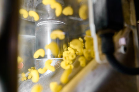 Pasta extrusion process showing uncooked macaroni being formed and pushed through machinery in a production facilityの写真素材