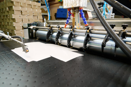 Precision glue applicator efficiently spreads adhesive on materials in a modern manufacturing facilityの写真素材