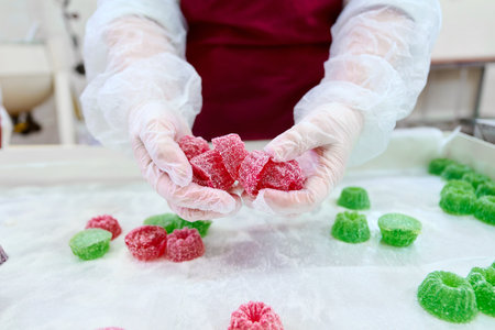 Hands holding colorful marmalade confections ready for packaging in a candy workshop settingの写真素材