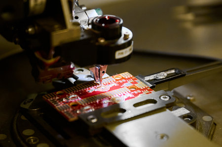 Precision wire bonder in operation for die bonding on printed circuit board assembly