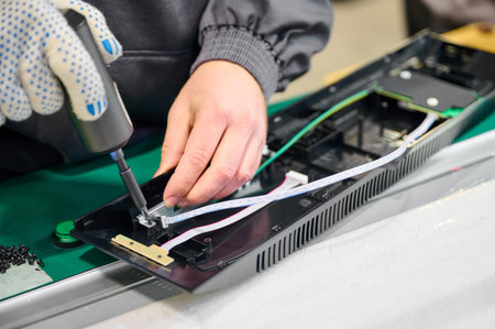 Repair technician assembles electronic device in workshop during daytime with focus on precision and...