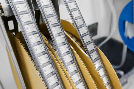 Plastic tape in tape-and-reel packaging for surface mount technology components ready for assembly line useの写真素材