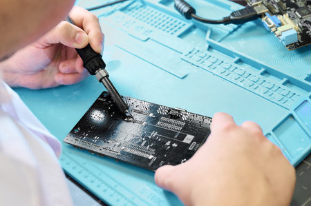 Electronics technician soldering components on a black circuit board in a workshop