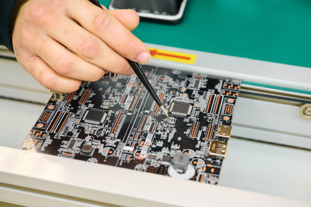 Technician working on a circuit board in a high-tech electronics lab during daytime