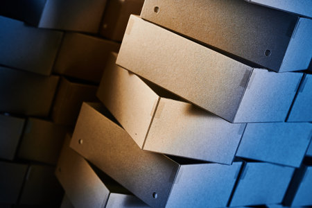 Vibrant stacks of cardboard box blanks ready for manufacturing in a bustling workshop on a sunny dayの写真素材