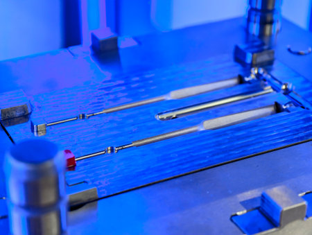 Metal molds for plastic injection molding in a manufacturing facility, showcasing precise design and engineeringの写真素材