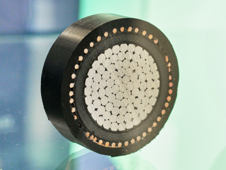 Detailed cross section of a power electric cable showcasing intricate design and materials used for...