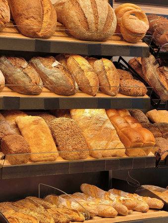 Delicious array of freshly baked bread displayed in a warm bakery setting on a bright morning