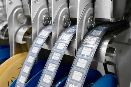 Plastic tape on tape-and-reel packaging machine for SMT components in an industrial setting