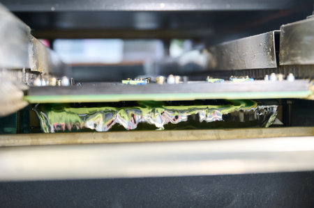 Wave soldering process showing PCB tinning in molten solder bath during manufacturing