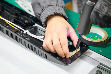 Skilled technician assembling electronic device components in a workshop during the day
