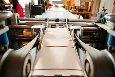 Efficiency in action as a machine expertly folds cardboard flaps for packaging in a bustling...