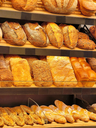 Freshly baked artisanal bread displayed on wooden shelves in a cozy bakery setting during the...