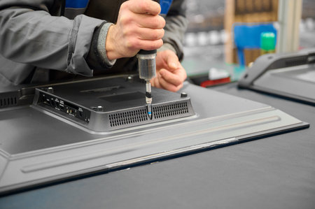 Worker assembles television housing in a television assembly plant during regular manufacturing...