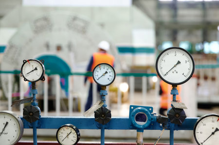Pressure gauges display readings in a manufacturing facility during operational tasksの写真素材
