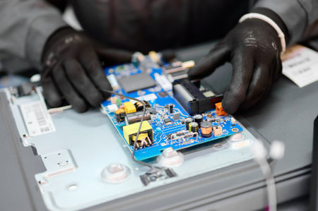 Circuit board installation in television manufacturing plant during assembly process
