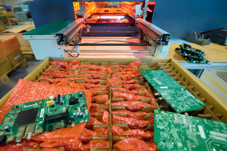 Electronic boards in protective packaging ready for assembly in a manufacturing facility