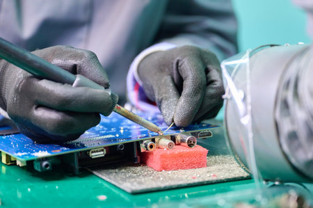 Soldering electronic components on a circuit board in a technical workshop during the afternoonの写真素材