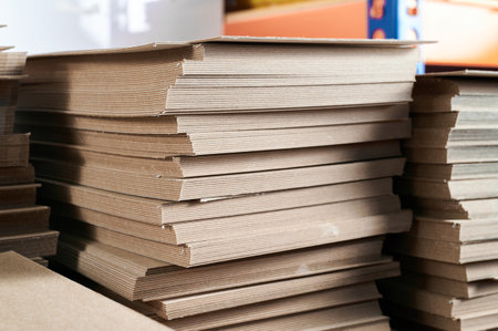 Thick paperboard stacks ready for production in a warehouse for eco-friendly cardboard box manufacturingの写真素材