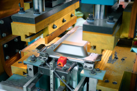 Spot welding process of microwave oven casing in a manufacturing facility during production operationsの写真素材