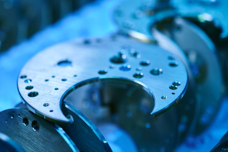 Intricate details of watch mechanism bases in a metalworking workshop showcasing the precision of watchmakingの写真素材