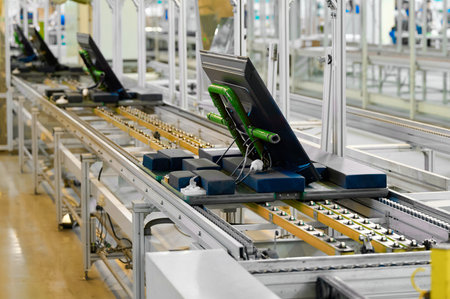 Production line at a television manufacturing plant showcasing units on a conveyor belt in an assembly areaの写真素材