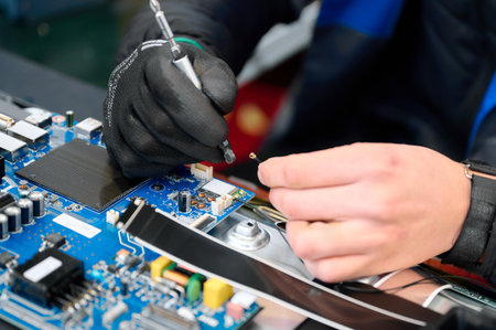 Installation of flex cables and connectors in a TV assembly plant during production processの写真素材