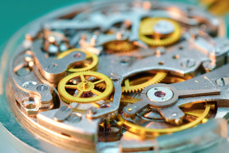 Intricate dance of gears and springs showcases the artistry of watchmaking in macro detailの写真素材