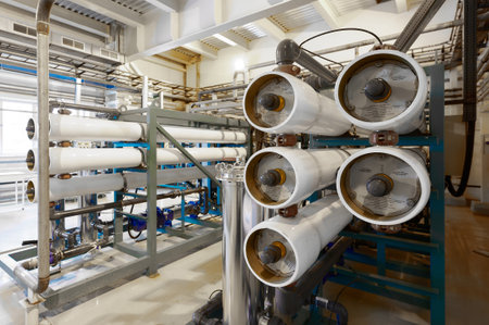 Modern industrial reverse osmosis water purification system within a clean technical facility for effective water treatment processesの写真素材