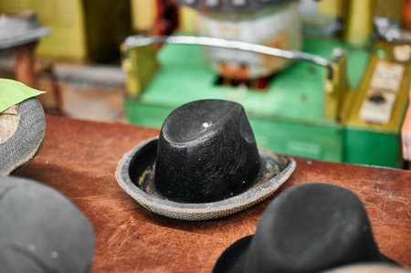 Felt hat die resting on a workbench surrounded by tools and vibrant machinery in a bustling workshop settingの写真素材