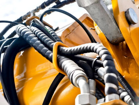 Close-up view of hydraulic hoses and connectors on heavy machinery during daylight in an industrial...