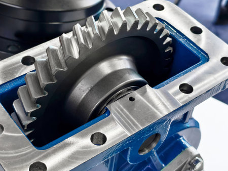 Close-up view of a metallic gear system showing detailed engineering in a machine workshop