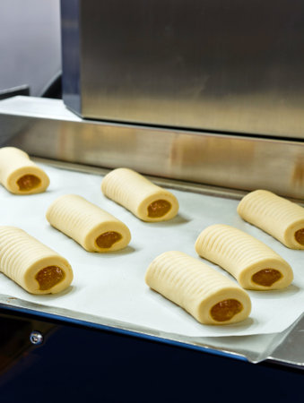 Freshly made pastries lined up on a baking sheet, ready for baking in the bustling kitchen of a...
