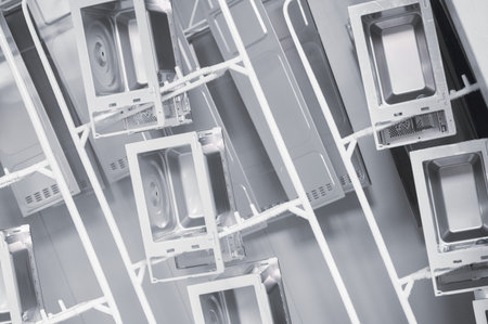 Microwave oven casings undergo washing in powder coating workshop on overhead conveyor during...