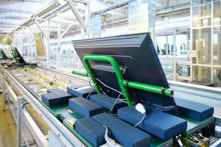 TV manufacturing plant with televisions moving along conveyor belt in assembly area