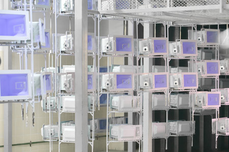 Microwave oven casings moving on conveyor in powder coating workshop during production process