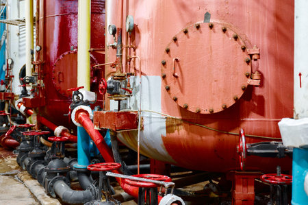 Industrial tanks with valves in an oil refinery setting showcasing maintenance and operations in a...