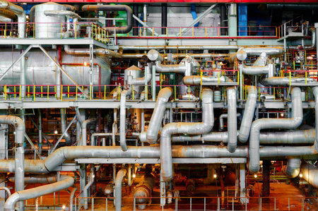 Complex network of industrial pipes and machinery in a factory setting captured during the day