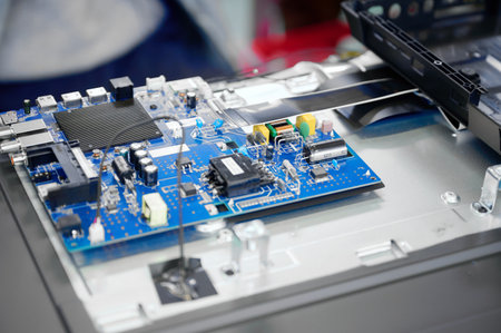 Assembly process of electronic components at television production facility