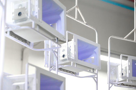Powder coating process for microwave oven casings on overhead conveyor in workshop environment