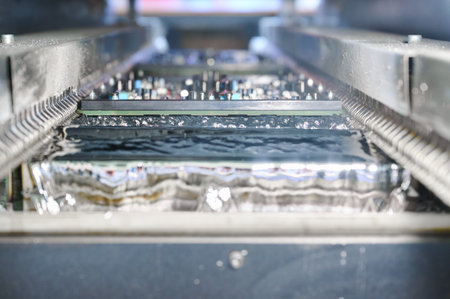 Detailed view of wave soldering process during PCB tinning in molten solder bathの写真素材