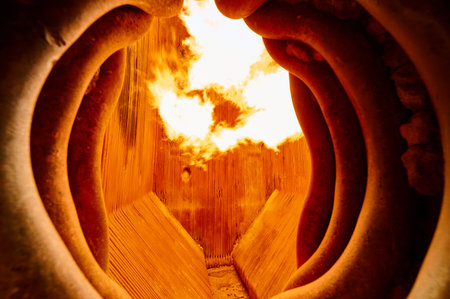 Intense combustion within a steam boiler furnace at a thermal power plant showcasing heat exchange surfaces and flamesの写真素材