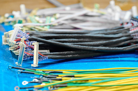 Wires and connectors arranged on a blue work surface in an industrial workshop during daytime for...